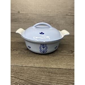Vintage DRU Holland #20 Oven Casserole Dish w/Lid Blue Tulip Enamel Cast Iron